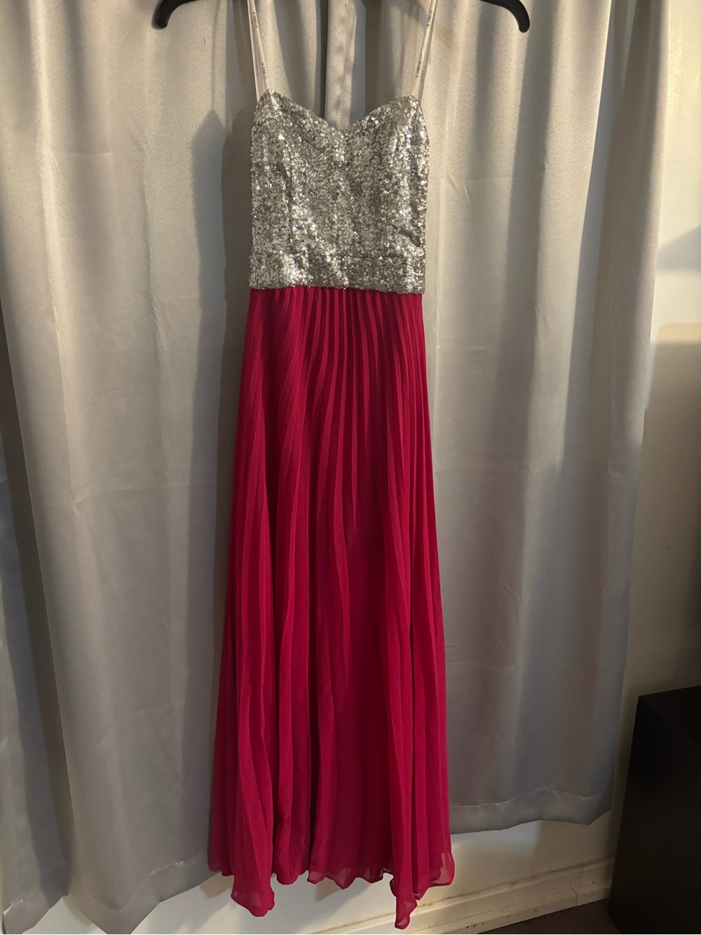 B Darlin Silver Sequin Bodice with Fuchsia Pleated Strapless